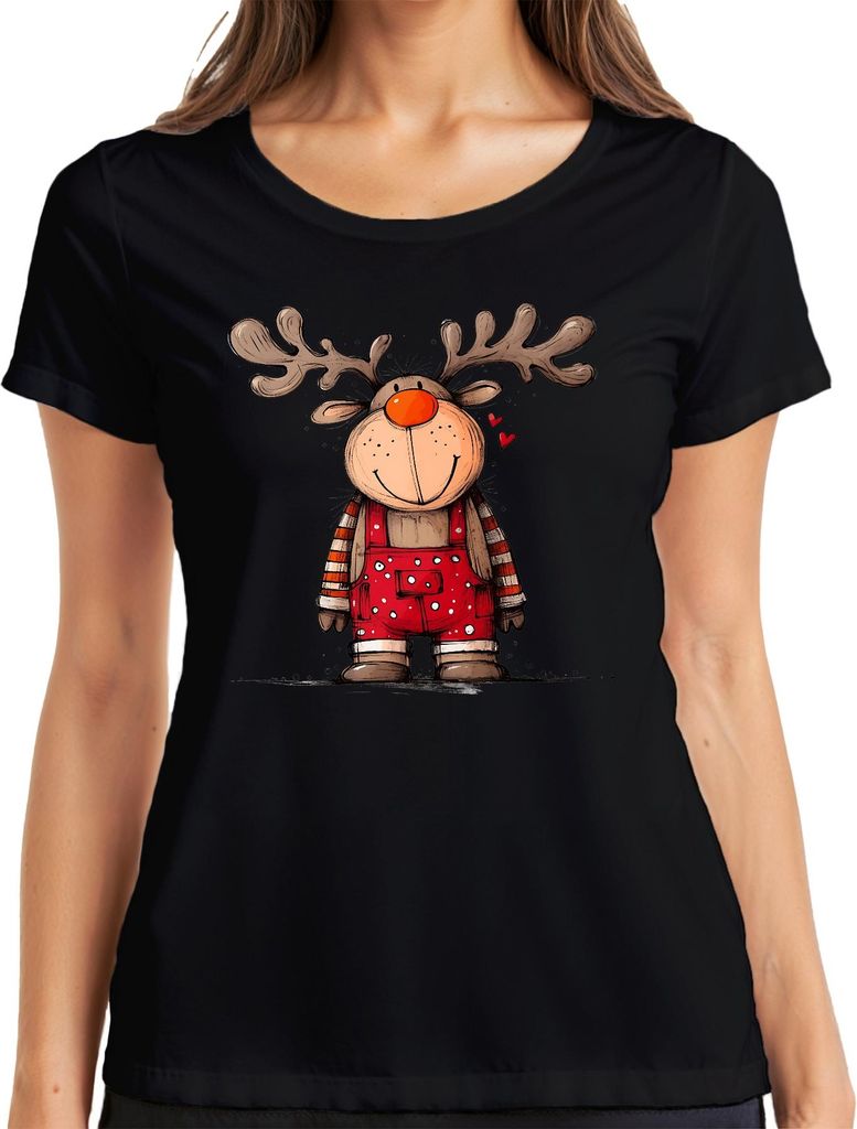 Niedliches Rentier Weihnachten Rot Latzhose Herzen Kinder Retro Damen T-Shirt, Schwarz, S