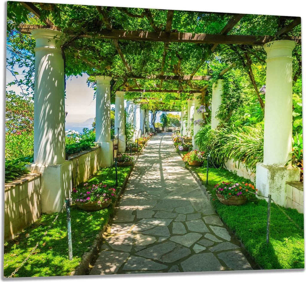 Wallario Herdabdeckplatte aus Glas, Größe 60 x 52 cm 1-teilig, Motiv Blühende Pergola