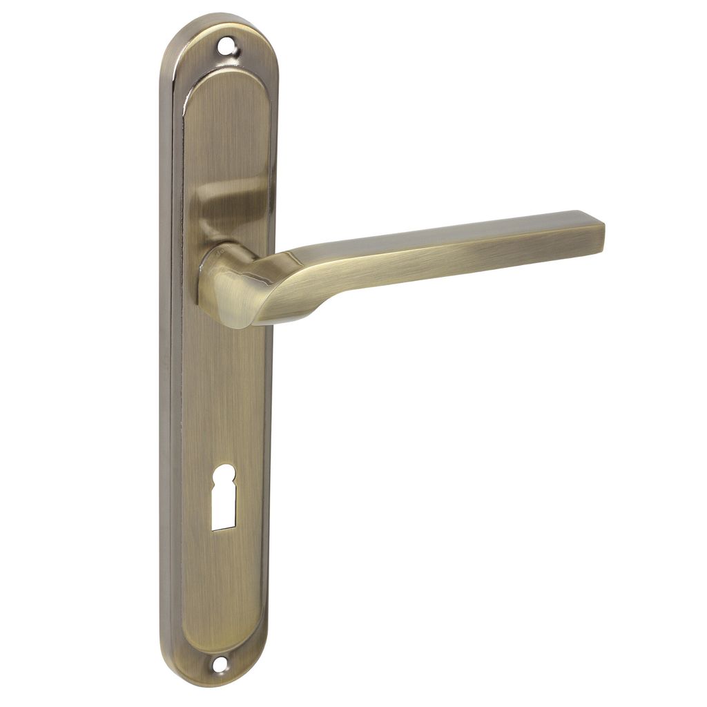 A bronze-colored door handle with a long, rectangular plate and an L-shaped handle, set against a white background.