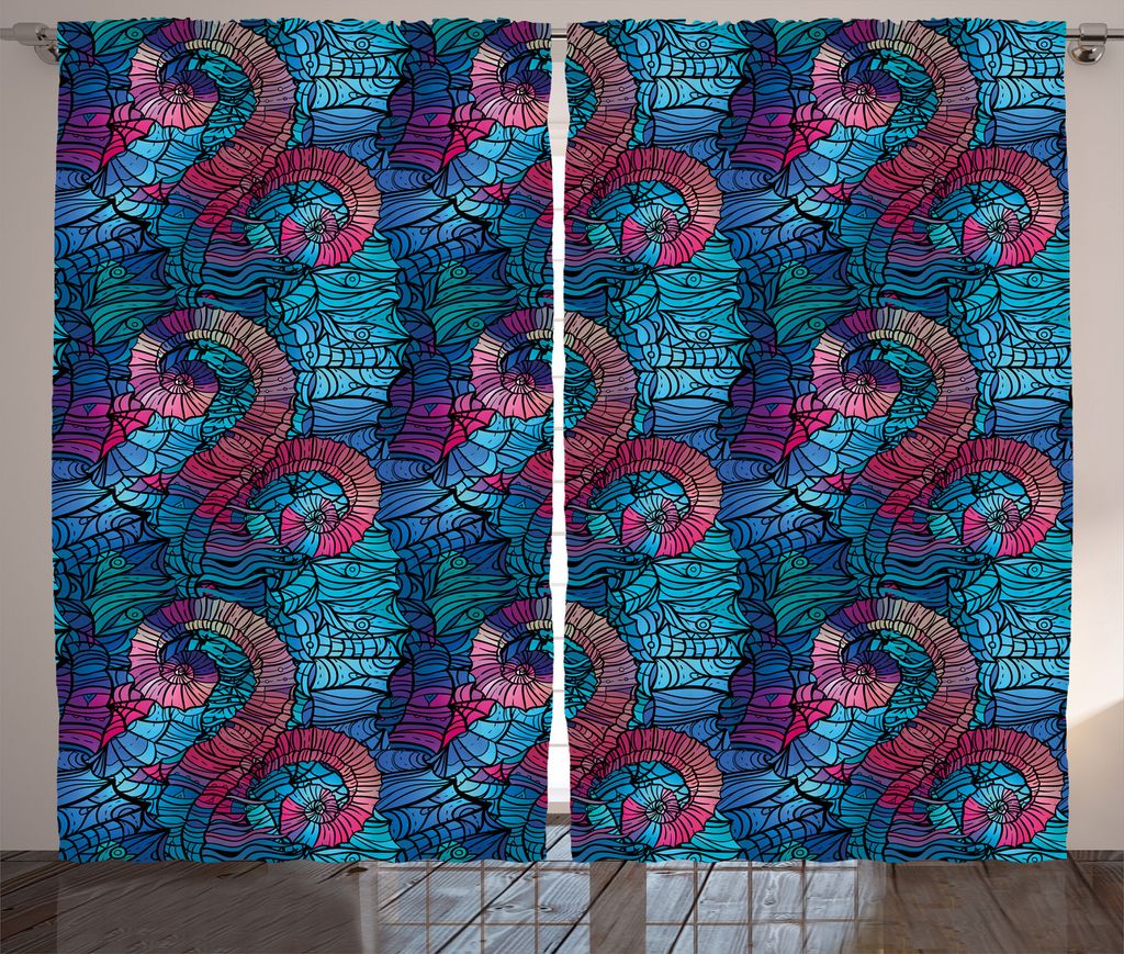 ABAKUHAUS Bunt Rustikaler Gardine, Mosaik-Muschel-Wirbel, Schlafzimmer Kräuselband Vorhang mit Schlaufen und Haken, 280 x 225 cm, Hellblau Lila un...