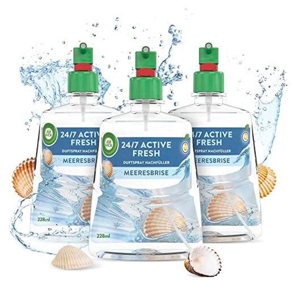 Air Wick Active Fresh – Aeorosolfreier, automatischer Lufterfrischer – Raumduft Meeresbrise – 3 x 228 ml Nachfüller