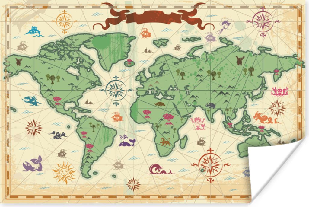 MuchoWow Poster Weltkarte - Kinder - Piraten - Vintage - Jungen - Mädchen - Kinder 120x80 cm - Bilder