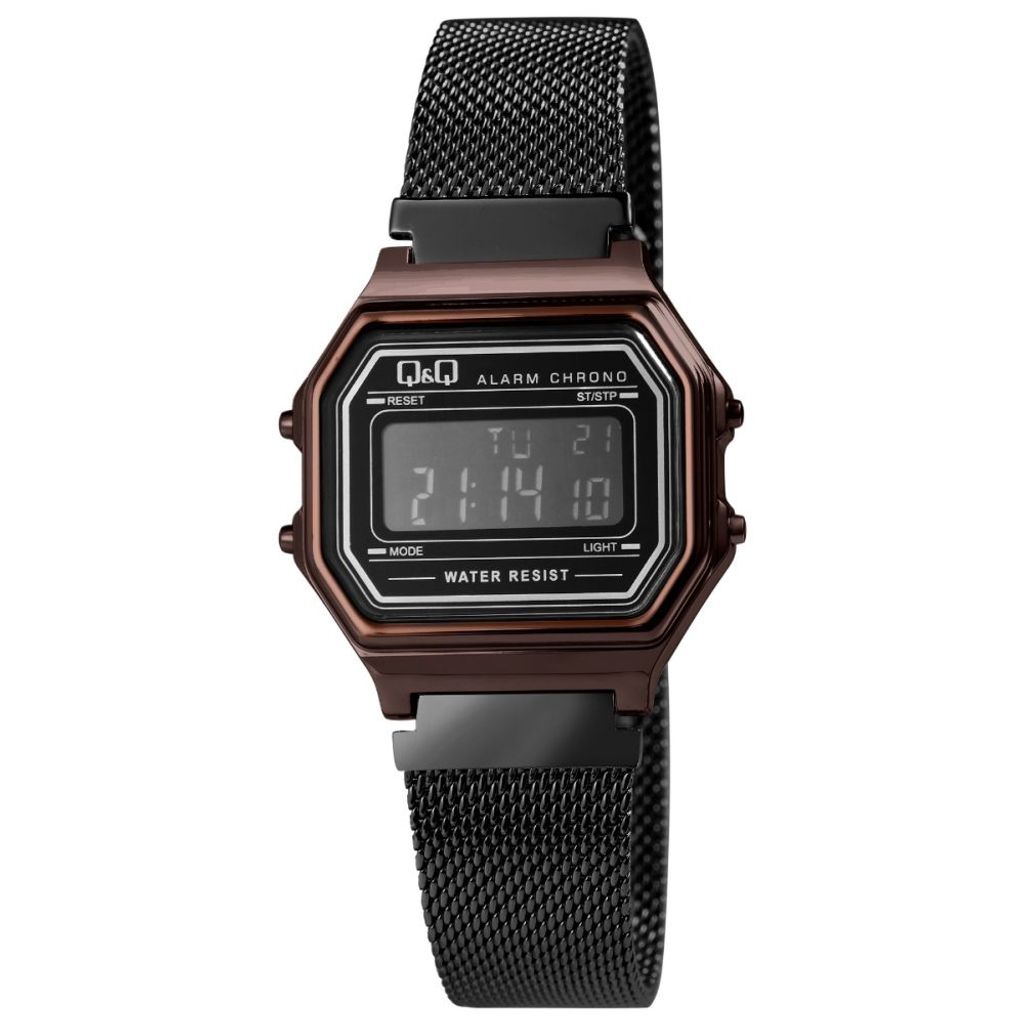 Q&Q Digitaluhr für Damen, Milanaisearmband, Edelstahl, 3 bar, schwarz
