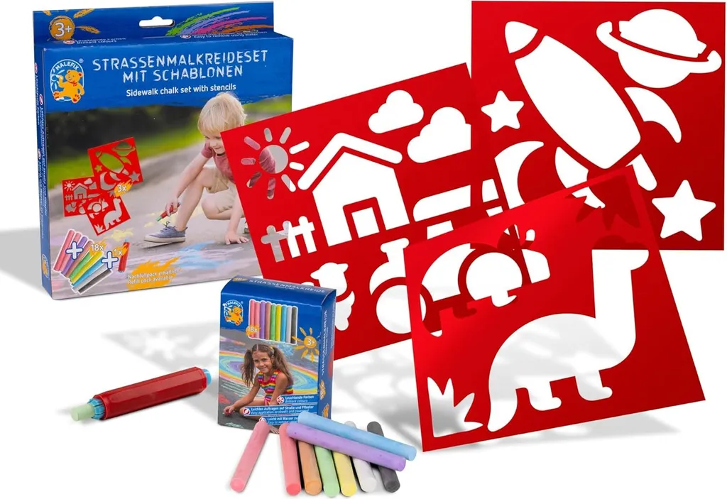 Activité Créative Extérieur : Kit Craies de Trottoir et Pochoirs Aventure