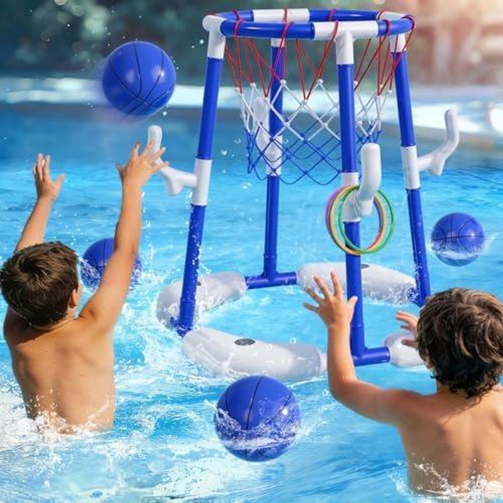 Pool Basketballkorb für Kinder 4-8 & 8-12 Jahre – 2-in-1 Schwimmendes & Oberirdisches Wasserspiel mit 4 Bällen, 12 Ringen & Pumpe, Outdoor-Spie...