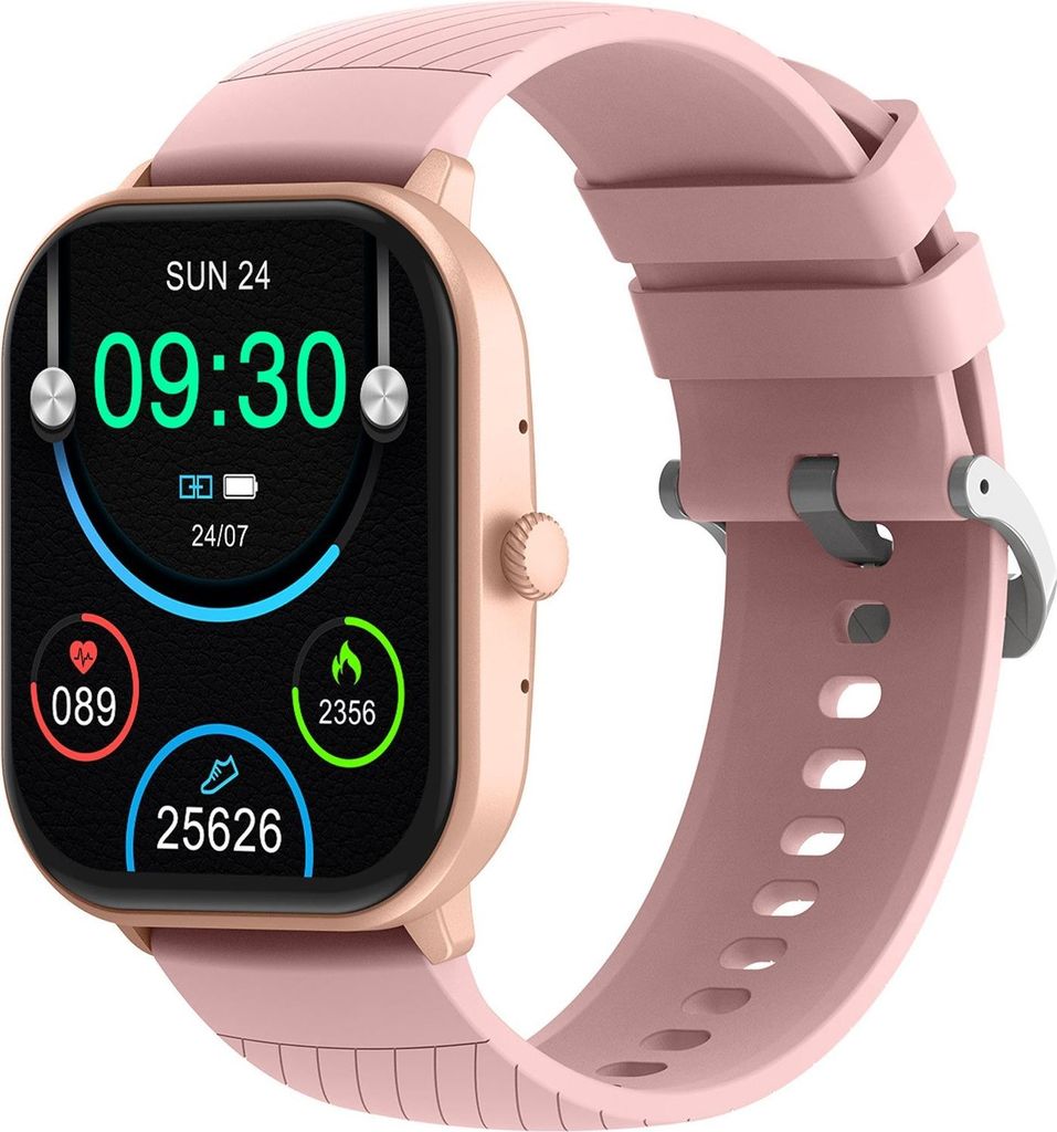 A pink smartwatch with a rose gold casing is displayed against a white background.