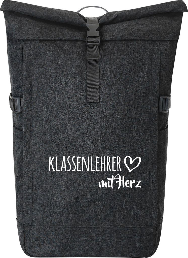 Huuraa Kurierrucksack Klassenlehrer mit Herz 30-44 Liter Black Melange Fairtrade Rolltop Rucksack Geschenkidee