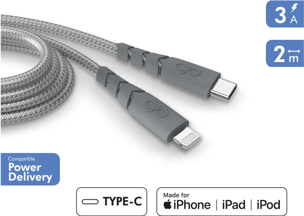 Câble USB-C 2m pour Bureau et Maison CBL UltraRenforce Gris PD60W MFi
