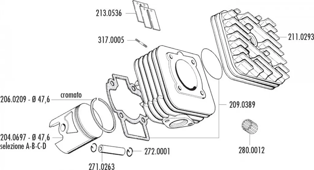 Kit Piston de Rechange Polini 70cc 47,6mm pour Scooter Piaggio AC