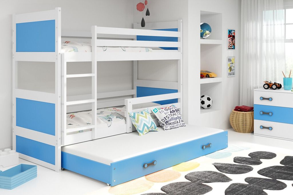 Kinderhochbett mit Zustellbett ohne Matratzen 80x160 FERGUS – Weiß / Blau
