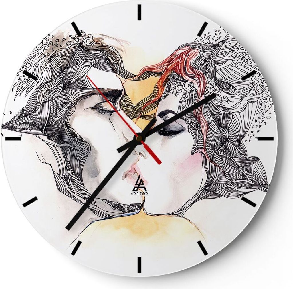 Wanduhr - Rund - Glasuhr - Paar Küssen Abstraktion - 40x40cm - Schleichendes Uhrwerk - Lautlos - zum Aufhängen bereit - Dekoration Modern - Wandd...