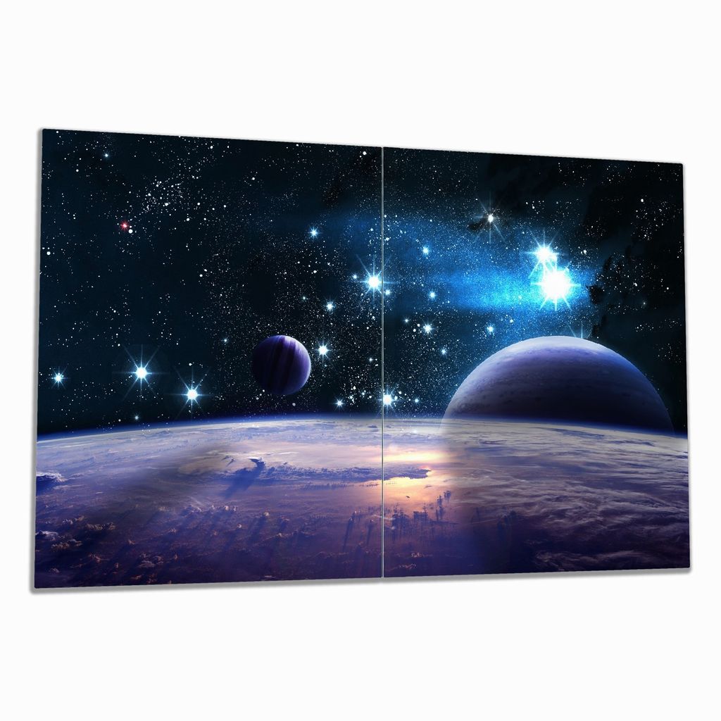 Wallario Herdabdeckplatte aus Glas, Größe 80 x 52 cm 2-teilig, Motiv Planeten im Weltall