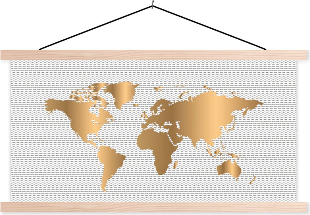 MuchoWow Textilposter Weltkarte - Gold - Golf 120x60 cm mit holzfarbenen Rahmen - Klemmleiste