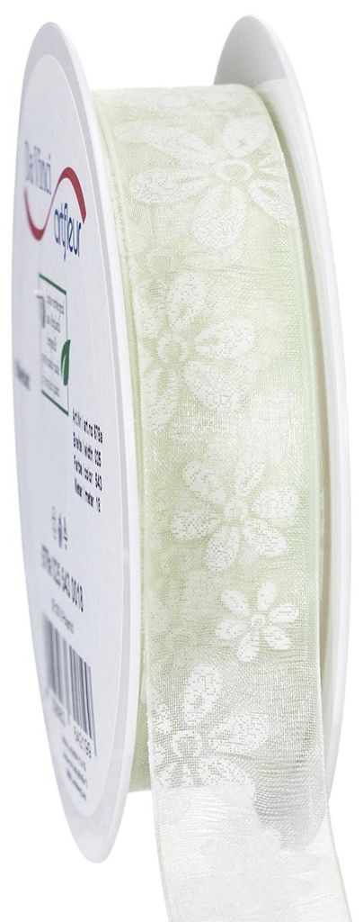 Organzaband mit Blumenmuster, Dekoband Mintgrün, Geschenkband Spitzenoptik 25mm x 18m
