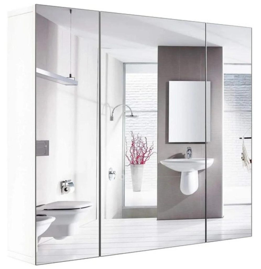 Badezimmer Spiegelschrank - Hängender Spiegelschrank - 3-türig - Holz - Modernes Design - 70x60x15 cm - Ohne Beleuchtung - Weiß
