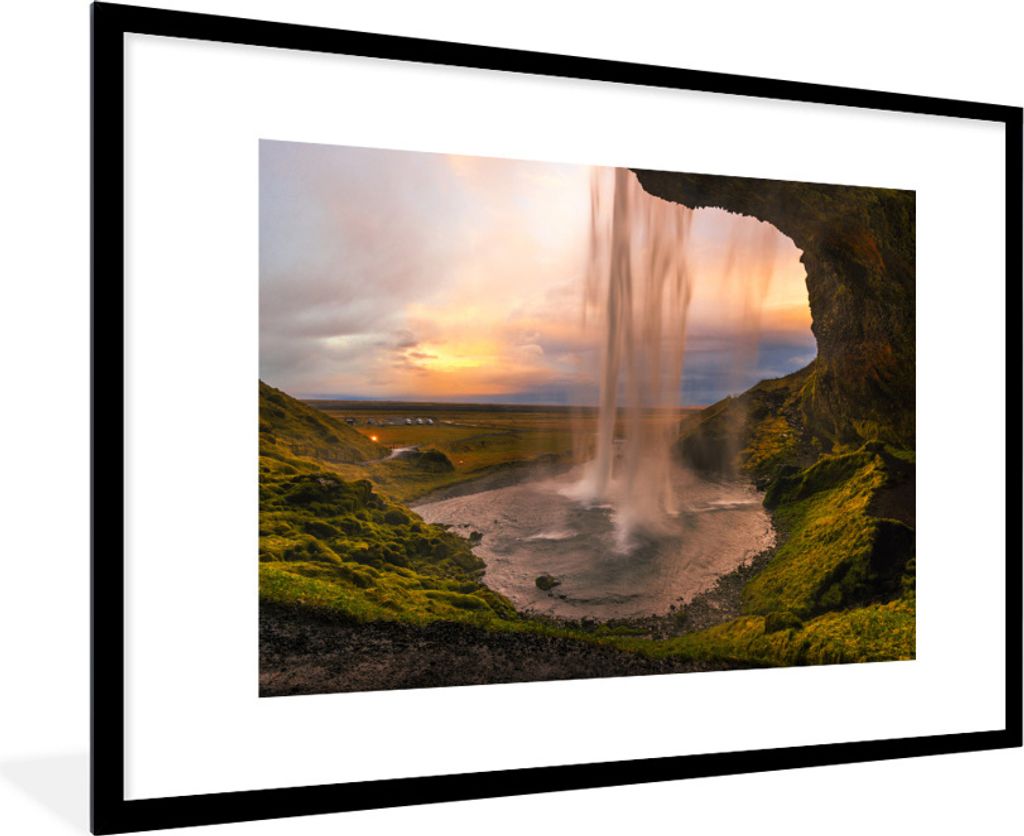 MuchoWow Gerahmtes Poster Wasserfall - Island - Natur 90x60 cm - Poster mit Schwarzem Bilderrahmen Wandposter Rahmen Foto Bilder - Wanddekoration...