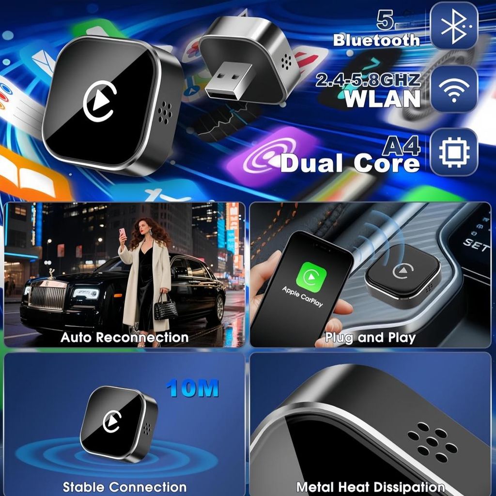 Airpuxem 2-in-1 Wireless Carplay & Android Auto Adapter – Bluetooth 5.0, Plug & Play, Mini Design Für IPhone & Android