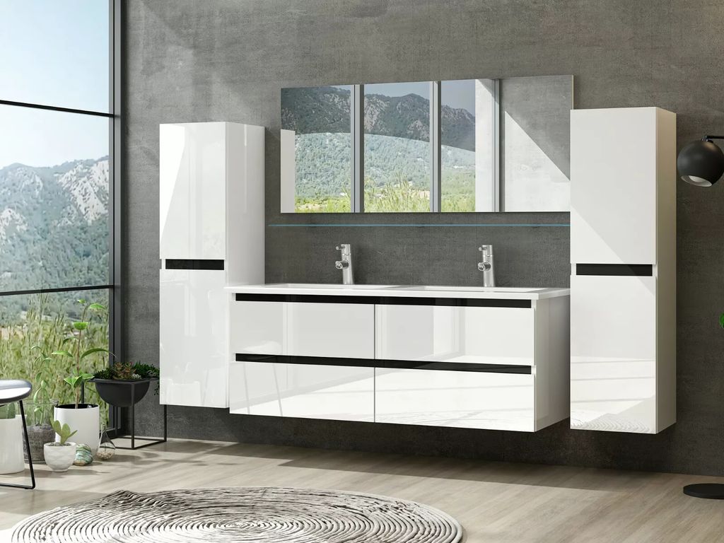 Doppelwaschtisch Keramik Badmöbel Set 120 cm Weiß Produktbild 