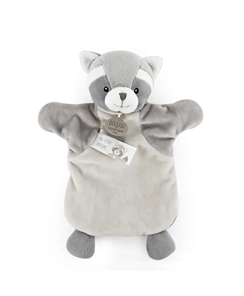 Marionnette peluche raton laveur 25cm, doudou premier âge en tissu