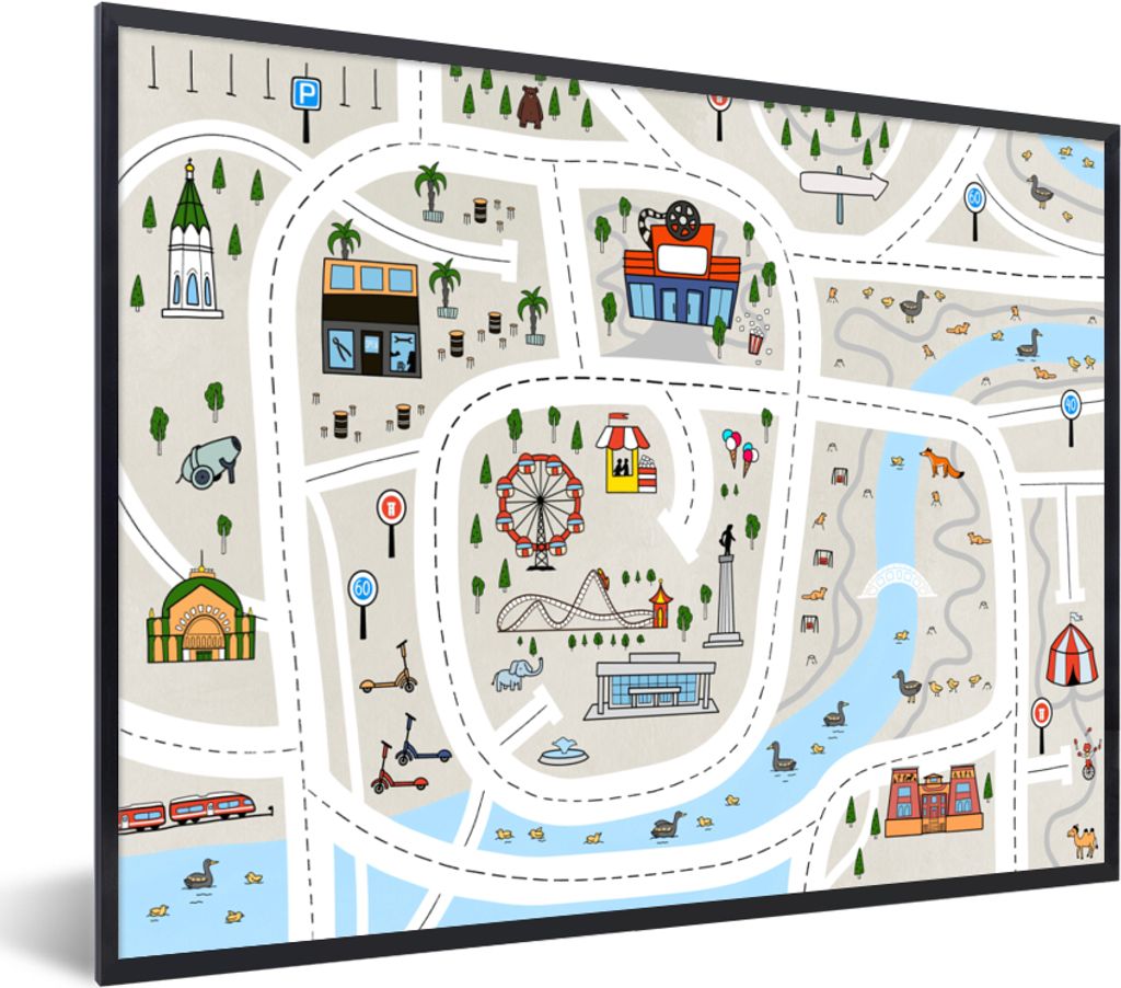 MuchoWow Gerahmtes Poster Kinder - Vergnügungspark - Palme - Straßen 40x30 cm - Poster mit Schwarzem Bilderrahmen Wandposter Rahmen Foto Bilder...