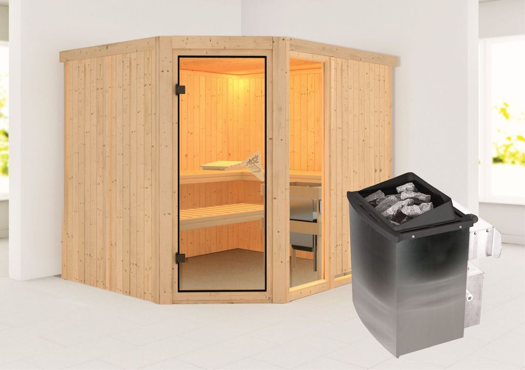 Karibu Sauna Innensauna Fiona 3 Eckeinstieg Ofen 9 kW integr. Strg 231x196x198 cm ohne Dachkranz