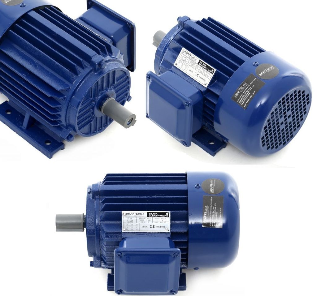 A collage of three images of a blue electric motor.