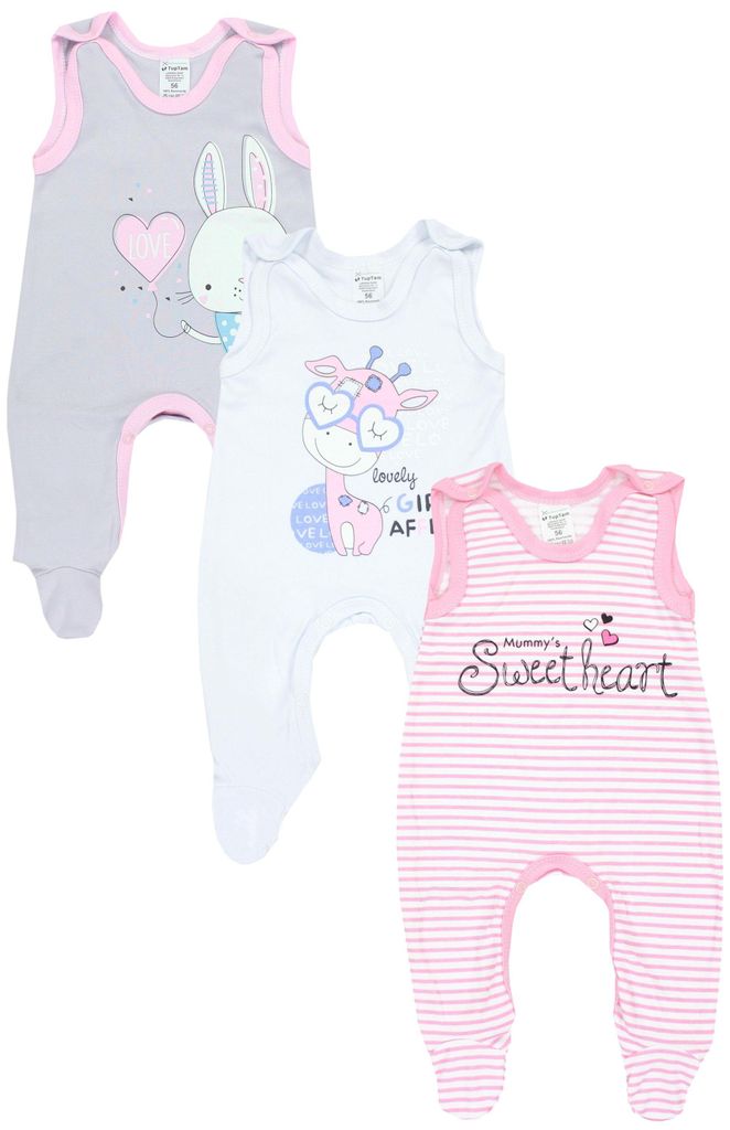 TupTam Baby Mädchen Strampler mit Fuß 3er Pack, Farbe: Streifen Giraffe Kaninchen Rosa Weiß Grau , Größe: 56