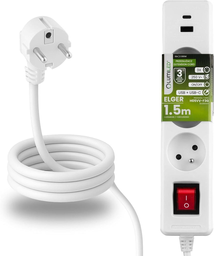 LUMILED Steckdosenleiste mit Schatler 3-Fach Typ E, 1,5m Kabel, 2x USB (C, A) Mehrfachsteckdose E Stecker 10A 2300W 250V IP20 Halterung zum Aufhängen