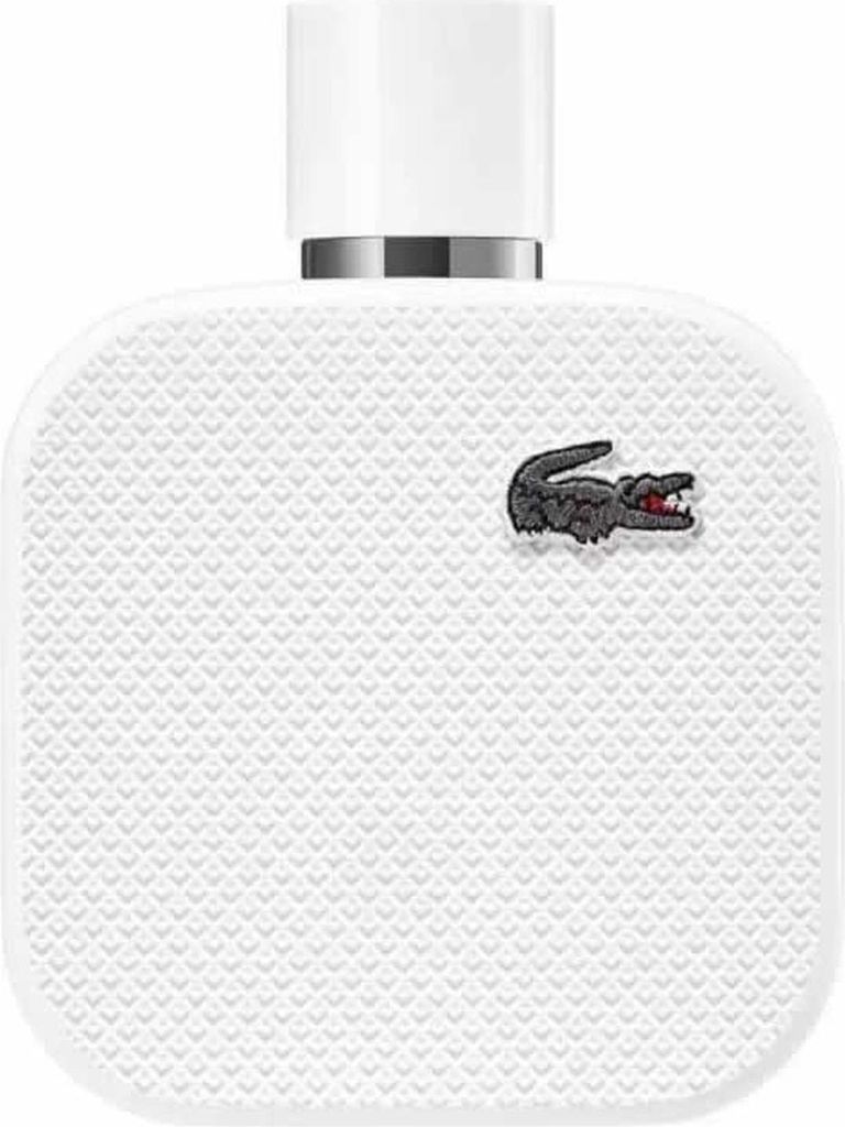 A white bottle of Lacoste L.12.12 Blanc Men Eau De Parfum Spray.