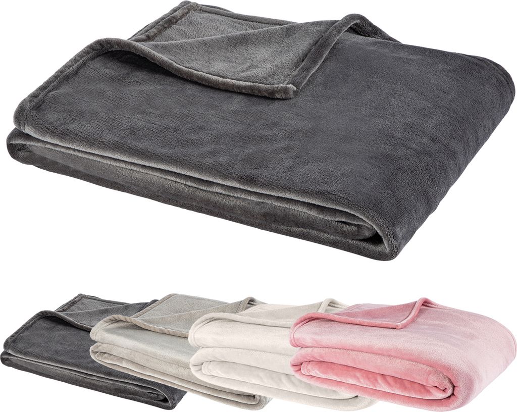 A folded blanket is shown in the foreground, with a row of folded blankets in different colors in the background.