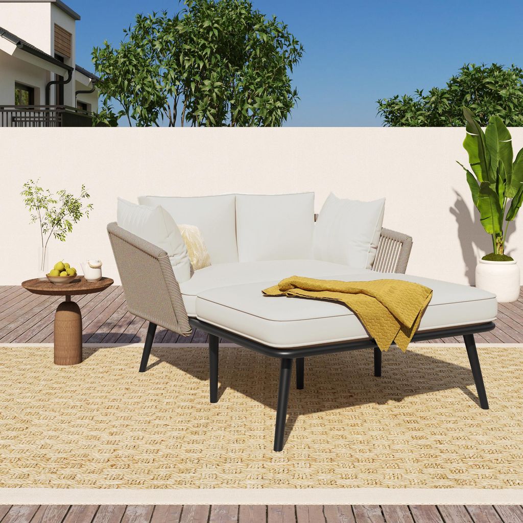 Flieks Gartensofa 2 Personen, Gartenmöbel-Sets Klein, Gartenloungeset Terassenmöbel 2 Sitzer, Balkonmöbel Set Gartenlige Sonnenliege mit Kissen,...