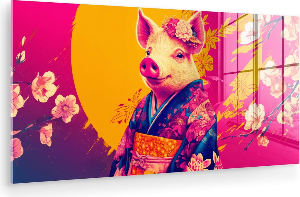 MuchoWow Glasbilder - Bilder auf Wandbild - Foto auf Glas Schwein - Blumenkrone - Kimono - Abstrakt 120x60 cm Wanddekoration aus Glas - Acrylglasbi...