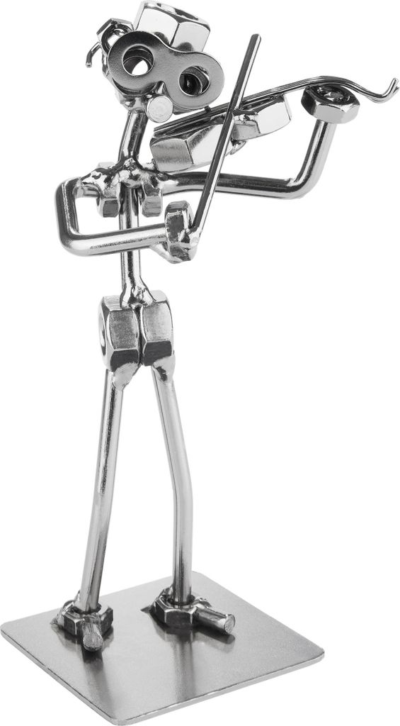 A metal figurine of a violinist playing a violin, made from nuts and bolts, standing on a square metal base.