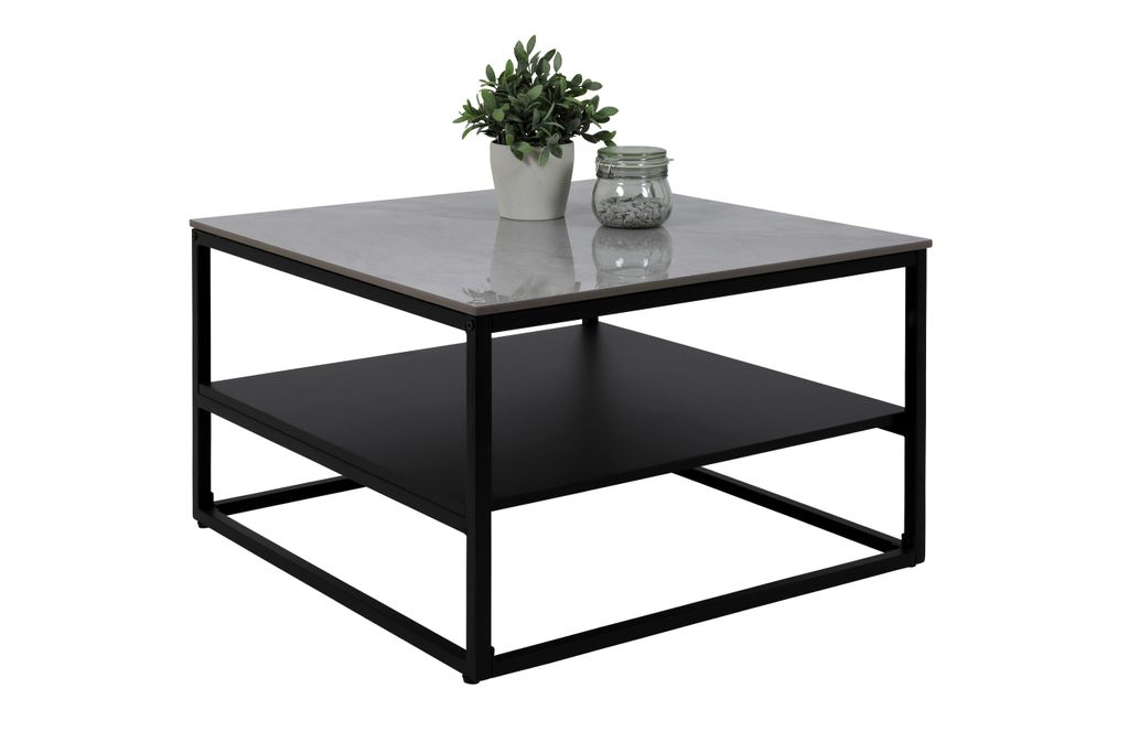 A square coffee table with a marble-look top and a black shelf and frame, displayed on a white background.
