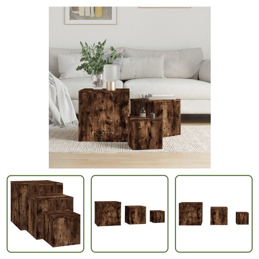 The Living Store Beistelltische 3 Stk. Räuchereiche Holzwerkstoff