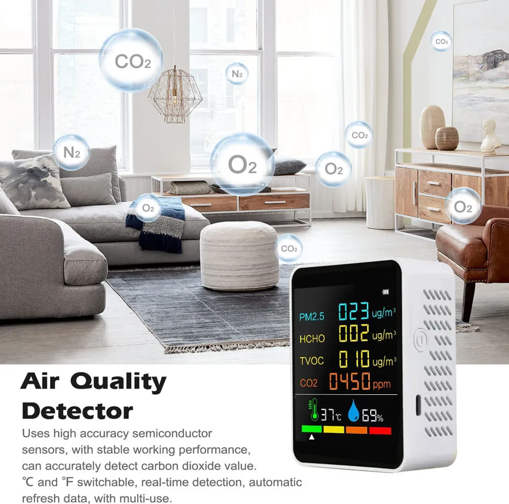Détecteur CO2 multifonction avec PM2.5 et TVOC - Moniteur Air LCD Noir - 2