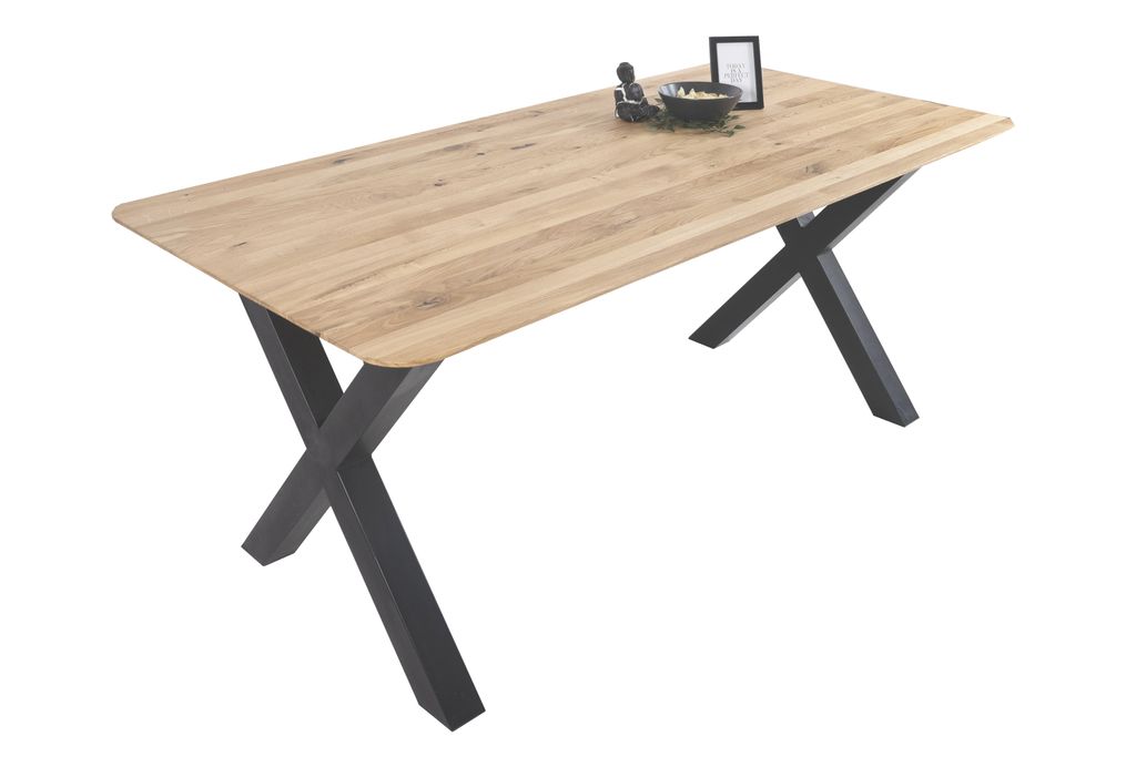 Esszimmertisch Schweizer Kante massiv & geölt Eiche 180x90 schwarz X-Gestell Lotte
