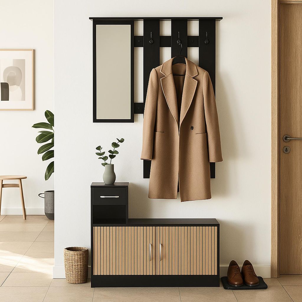 Garderobenpaneel mit Spiegel und Schuhschrank Dana Schwarz-Eiche