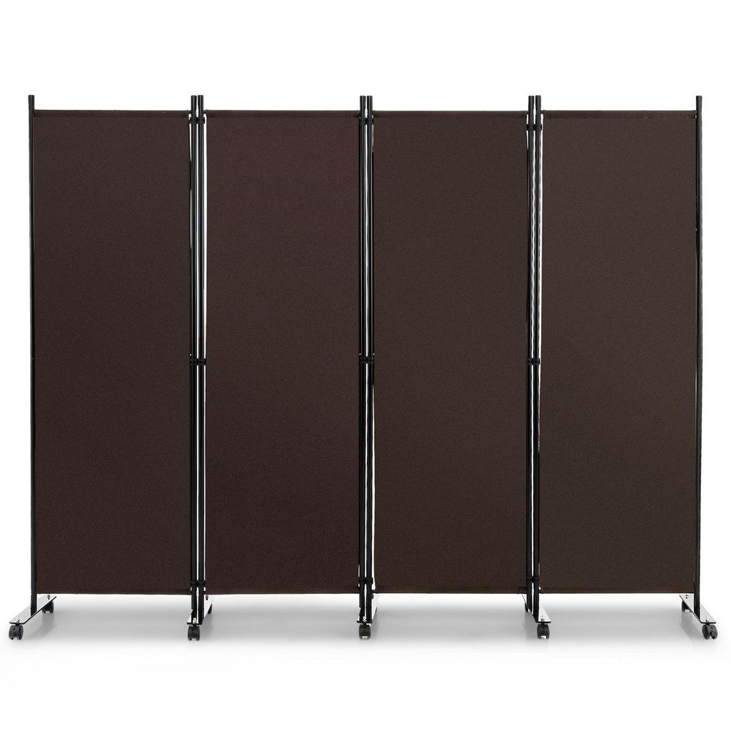 COSTWAY 225 x 173cm Raumteiler auf Rollen, Paravent 4 teilig, Trennwand faltbar, Sichtschutz (Braun)