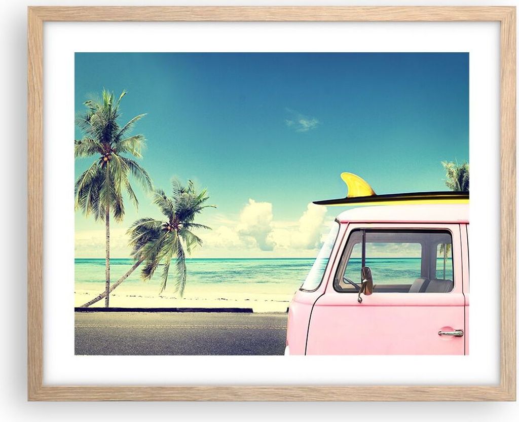 Gerahmtes Poster - Rahmen in heller Eiche - Auto Surfbrett Strand Ozean - 50x40 cm - Wand Bild - Wanddeko - Wandbilder - Wandposter - Bilderrahmen ...