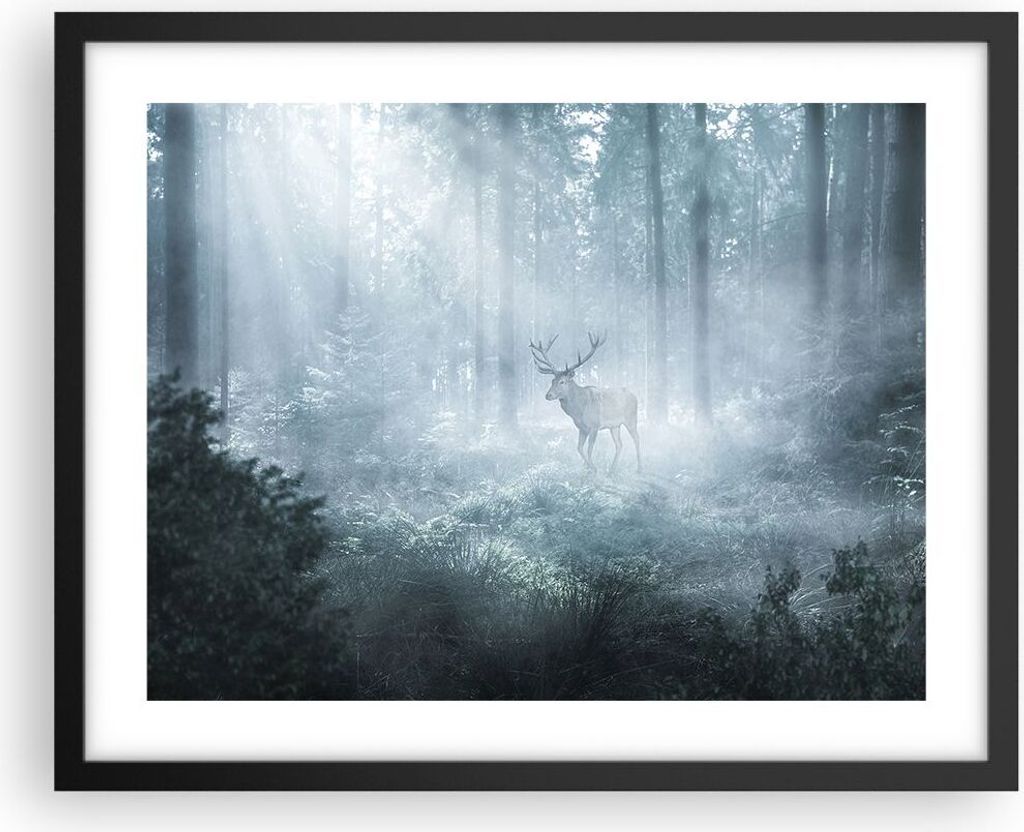 Gerahmtes Poster - Schwarzer Rahmen - Hirsch Wald Morgendämmerung - 50x40 cm - Wand Bild - Wanddeko - Wandbilder - Kunstposter - Wandposter - Bild...