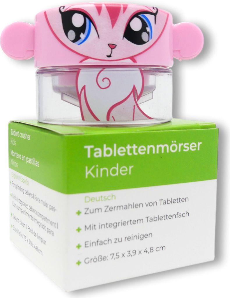 LisaCare Tablettenteiler Rosa Fuchs - Tablettenmörser - Pill Crusher für Kinder mit Pillendose klein - Für unterwegs und Zuhause - Alltagshilfe