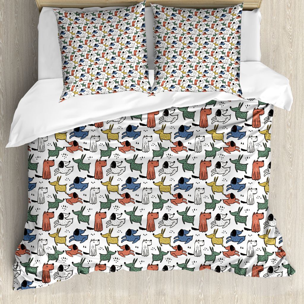 ABAKUHAUS Hunde Bettbezug Set für Einzelbetten, Pastell Lustige Welpen Kunst, Milbensicher Allergiker geeignet mit Kissenbezug, 200 cm x 200 cm - ...