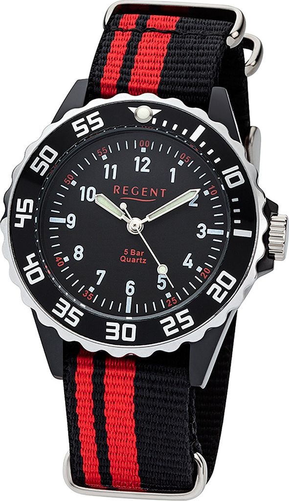 Regent Kinder Armbanduhr Elegant Textil Stoff-Armband schwarz rot