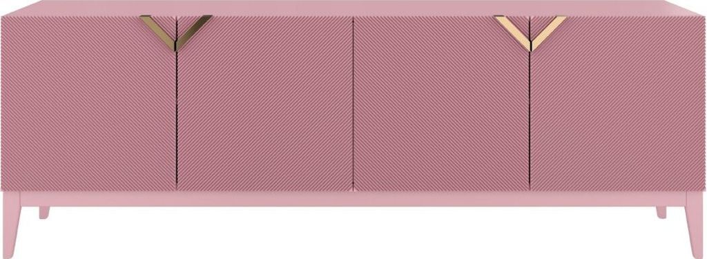 Demi Kommode Mit Gefrästen Fronten / Massive Buche / TV-Lowboard Mit 4 Türen / TV-Schrank Mit Dekorativen Fronten Und Goldgriffen / 200 Cm / Rosa
