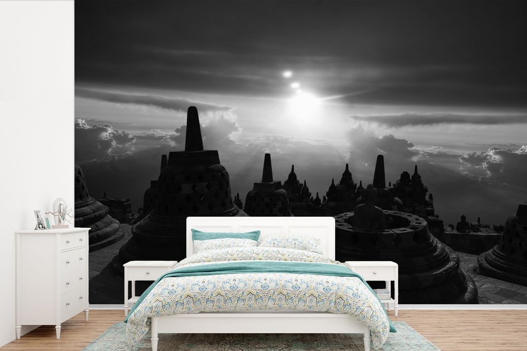 MuchoWow Fototapete für Wohnzimmer oder Schlafzimmer Wandtapete Vinyl Motivtapete Indonesien - Sonne - Schwarz - Weiß - 360x240 cm - Vinyl-Tapete