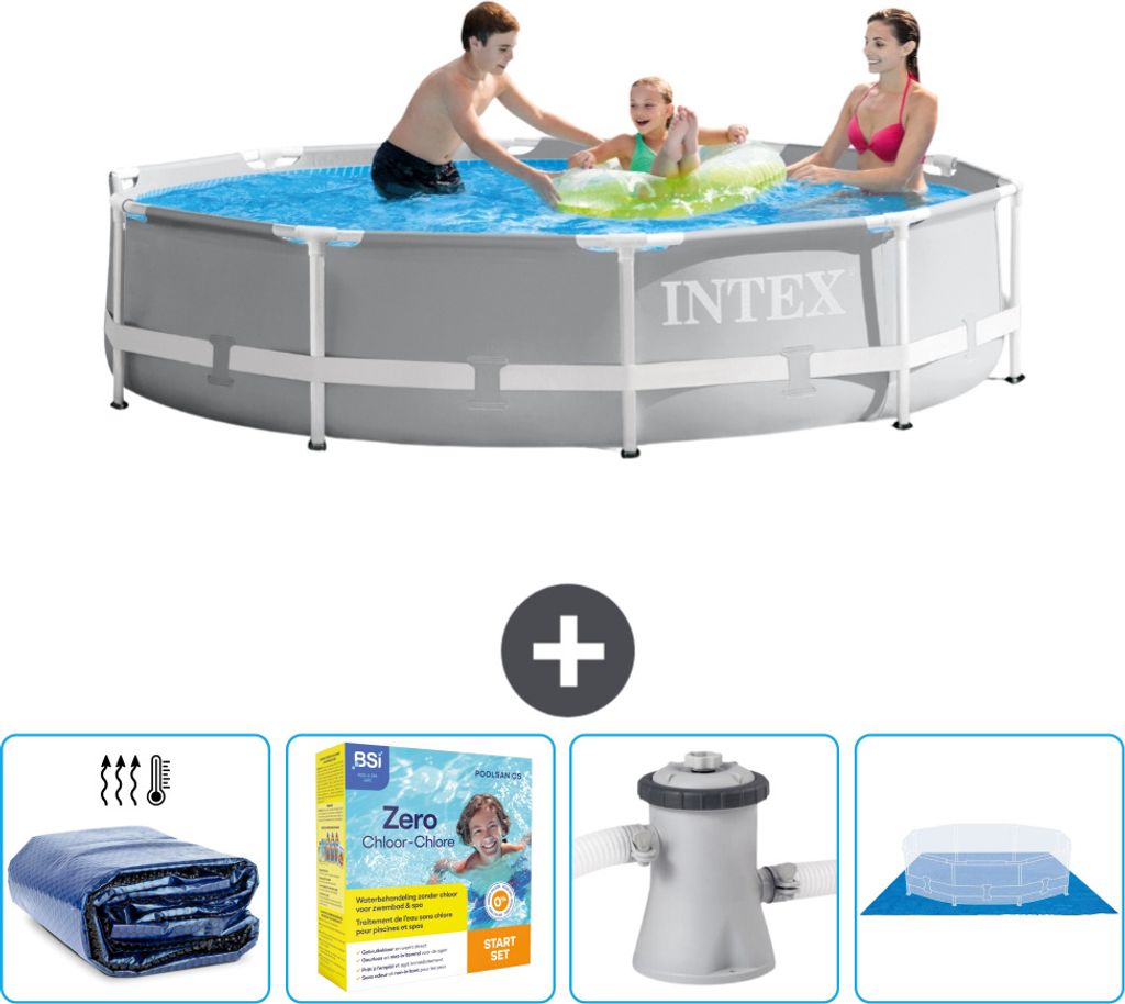 Intex-Schwimmbecken mit rundem Prismenrahmen – 305 x 76 cm – Grau – im Lieferumfang enthalten Sonnensegel - Wartungspaket - Filterpumpe für ...