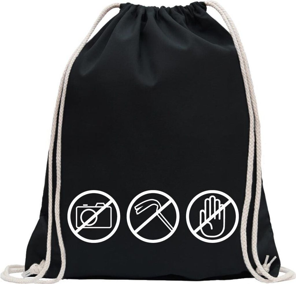 Kiwistar - Turnbeutel - schwarz - No Foto, Dont Touch. - Fun Rucksack Sport Beutel Gymsack Baumwolle mit Ziehgurt