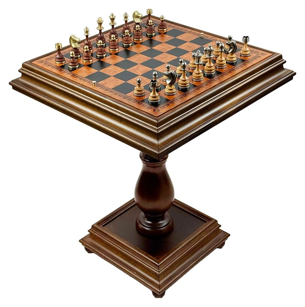Exklusiver Italfama Schachtisch (66 cm) + Messing/Holz Staunton Figuren + Dame-Spiel
