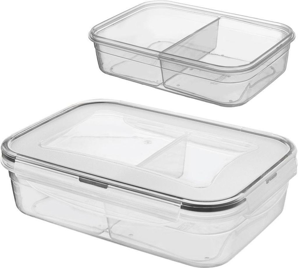Two clear plastic lunchboxes with dividers, one stacked on top of the other, against a white background.